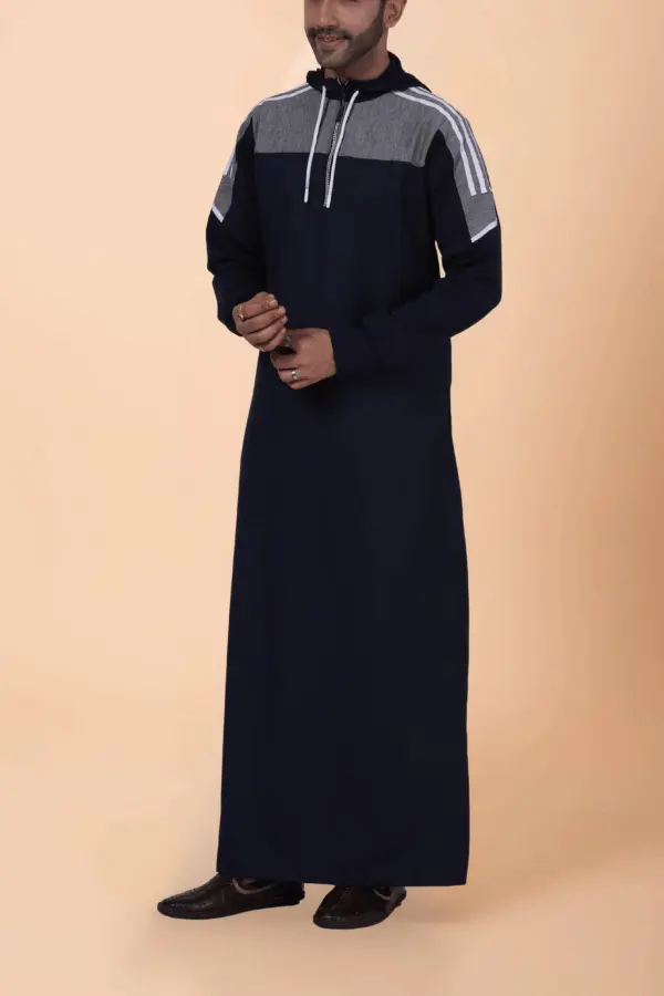 Men’s Navy Blue Hooded Thobe with Grey Panel & White Stripe Design - Image 4 - Ruby Online