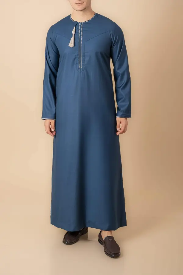Teal Blue Omani Thobe with White Geometric Embroidery & Tassel - Image 2 - Ruby Online