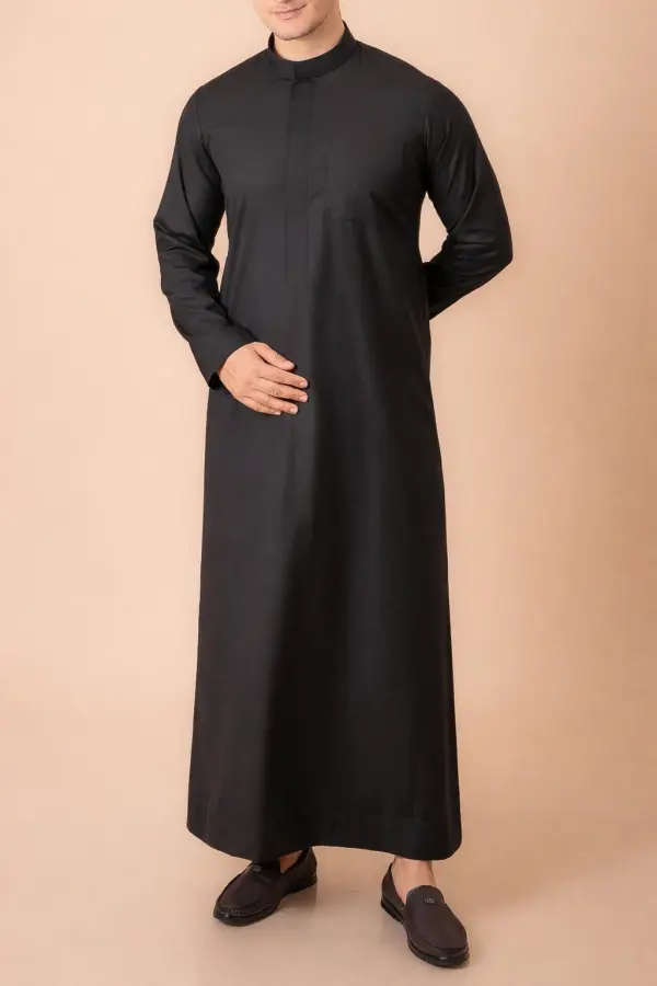 Premium Jet Black Minimalist Emirati Thobe with Concealed Placket