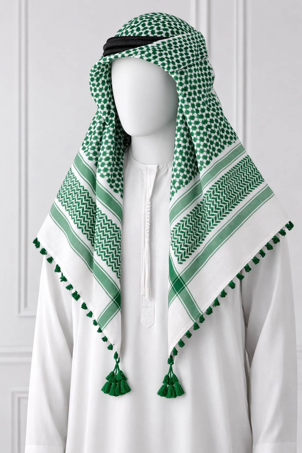 Premium Green & White Traditional Shemagh Scarf with Tassel Fringe - Image 4 - Ruby Online
