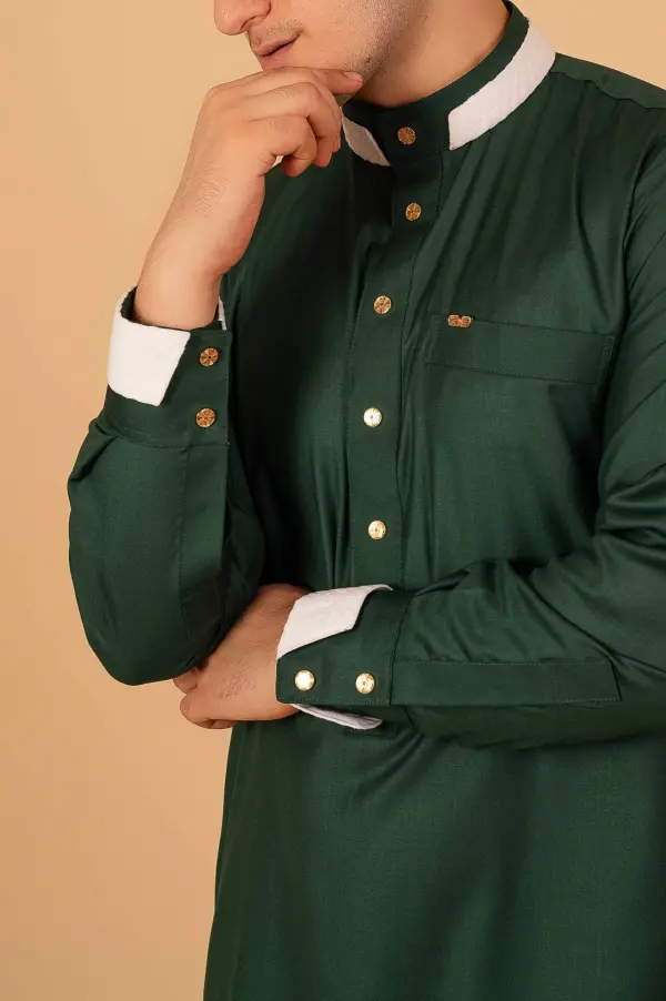Premium Emerald Green Designer Thobe for Men with White Contrast Collar & Gold Button Detailing - Image 5 - Ruby Online