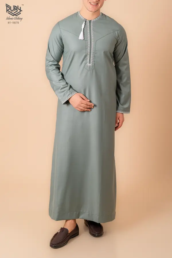 Sage Green Omani Thobe with Beige Geometric Embroidery & Tassel - Image 2 - Ruby Online