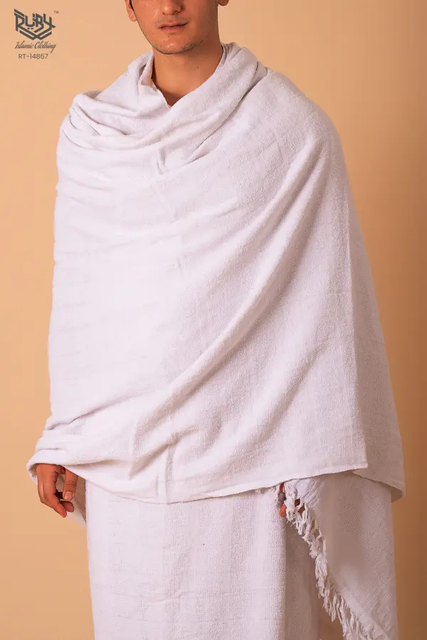 Men’s White Ihram Towel Set for Hajj & Umrah – Plain Woven Ihram Cloth with Fringed Edge -2 Pcs (46” X 92”)