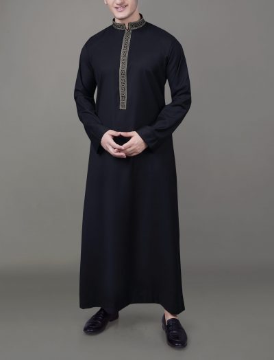 jet black thobe with gold geometric embroidered placket and collar