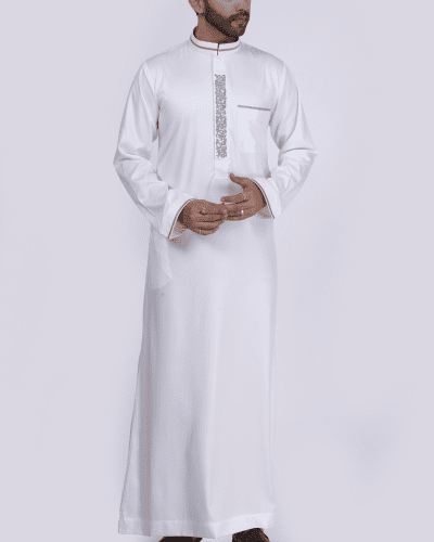 White thobe with beige floral embroidery strip and band collar for men