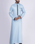 Light blue thobe with navy geometric embroidery strip and band collar for men