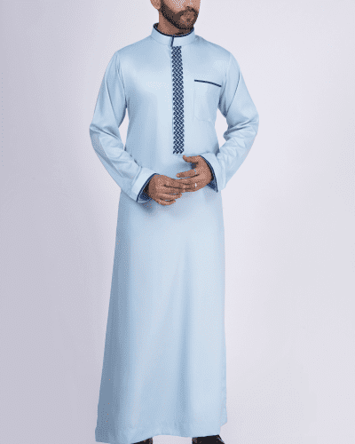 Light blue thobe with navy geometric embroidery strip and band collar for men