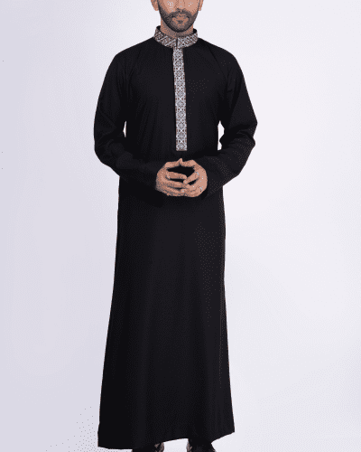 Black thobe with grey geometric embroidery strip and band collar for men