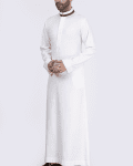 Off-white thobe with tonal embroidery strip and contrast band collar for men