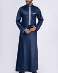 Navy blue thobe with white geometric embroidery strip and band collar for men