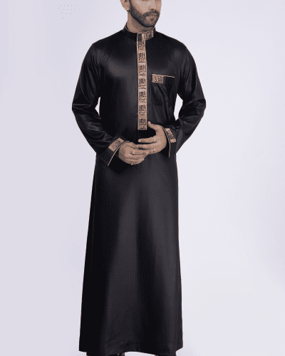 Coffee brown thobe with gold Kufic embroidery strip and band collar for men