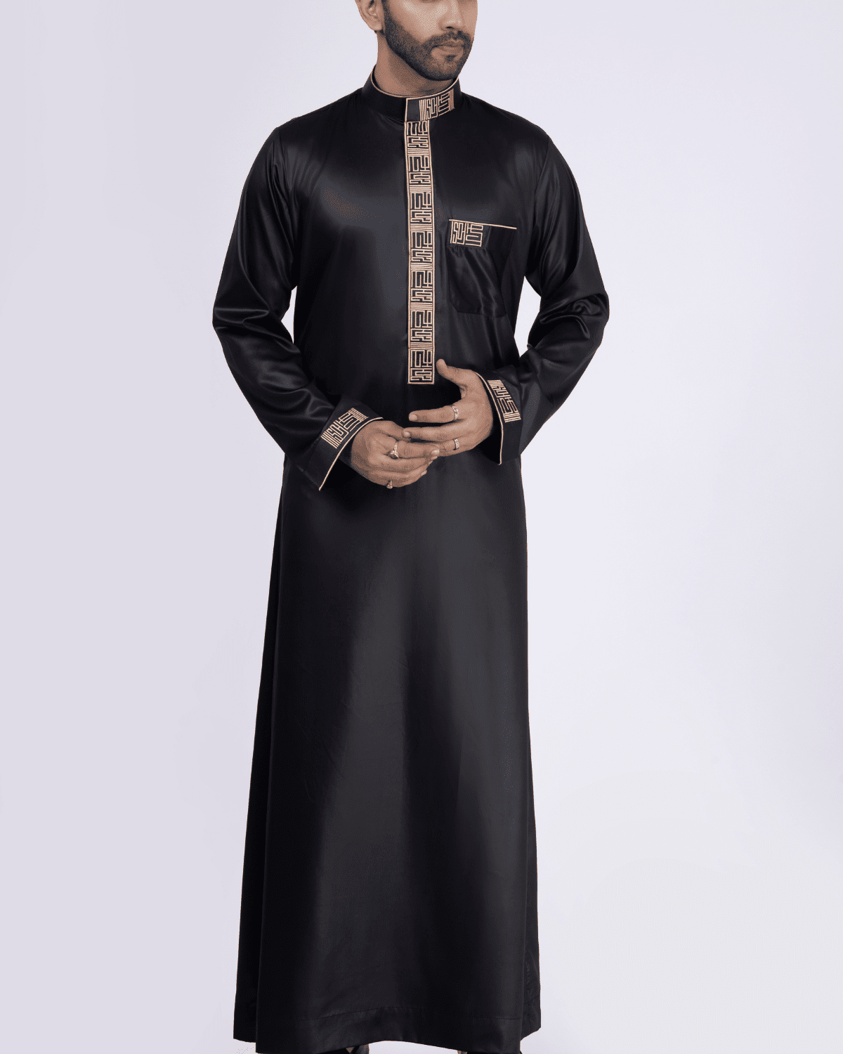 Coffee brown thobe with gold Kufic embroidery strip and band collar for men