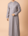 Light grey Omani thobe with white geometric embroidery and tassel for men