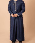 Navy blue Omani thobe with white geometric embroidery and tassel for men