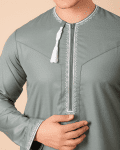 Sage green Omani thobe with beige geometric embroidery and tassel for men