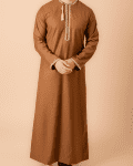Coffee brown Omani thobe with beige geometric embroidery and tassel for men