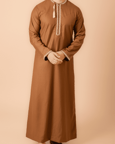 Coffee brown Omani thobe with beige geometric embroidery and tassel for men