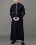jet black thobe with gold geometric embroidered placket and collar