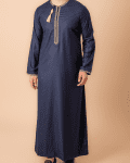 Navy blue Omani thobe with gold geometric embroidery and tassel for men