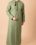 Light olive green Omani thobe with dark green geometric embroidery and tassel for men