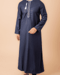 Navy blue Omani thobe with white geometric embroidery and tassel for men