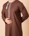Coffee brown Omani thobe with white geometric embroidery and tassel for men