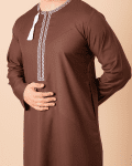 Coffee brown Omani thobe with white geometric embroidery and tassel for men
