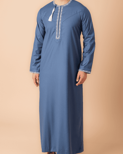 Steel blue Omani thobe with white loop embroidery and tassel for men