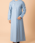 Light sky blue Omani thobe with white loop embroidery and tassel for men