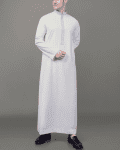 pure white thobe with silver geometric embroidered placket and collar