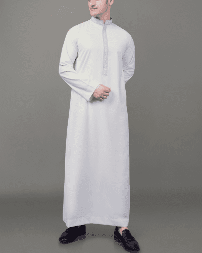 pure white thobe with silver geometric embroidered placket and collar