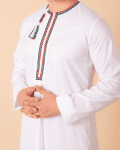 White Omani thobe with green red black embroidery and tassel for men
