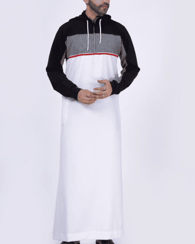 Men wearing white hooded thobe with black sleeves, grey chest panel, red stripe and zip front design