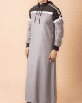 Men wearing light grey hooded thobe with black upper panel, white stripe design and zip front neckline