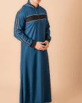 Men wearing teal blue hooded thobe with black chest panel, white stripe design and zip front neckline