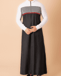 Men wearing black hooded thobe with white sleeves, grey panel and red stripe zip front design