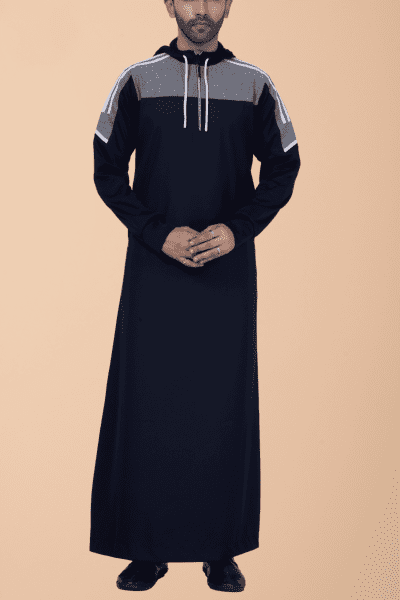Men wearing navy blue hooded thobe with grey panel, white stripe design and zip front hood