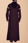 Men wearing maroon hooded thobe with navy blue panel, grey stripe design and zip front neckline