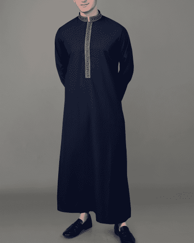 navy blue thobe with silver geometric embroidery strip and collar