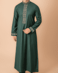 emerald green thobe with gold floral embroidered placket panel collar and cuffs