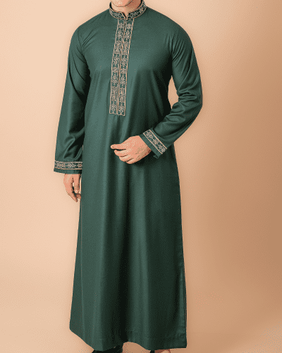 emerald green thobe with gold floral embroidered placket panel collar and cuffs