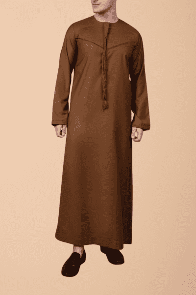 brown emirati thobe with tassel minimal stitch embroidery