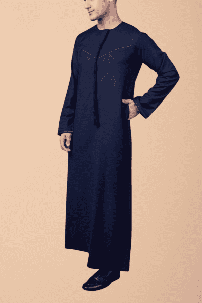 navy blue emirati thobe with tassel minimal stitch embroidery
