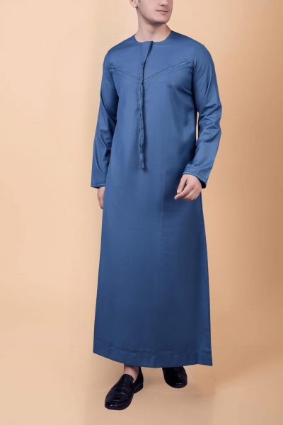 Steel blue Emirati thobe with tassel and subtle blue chest embroidery