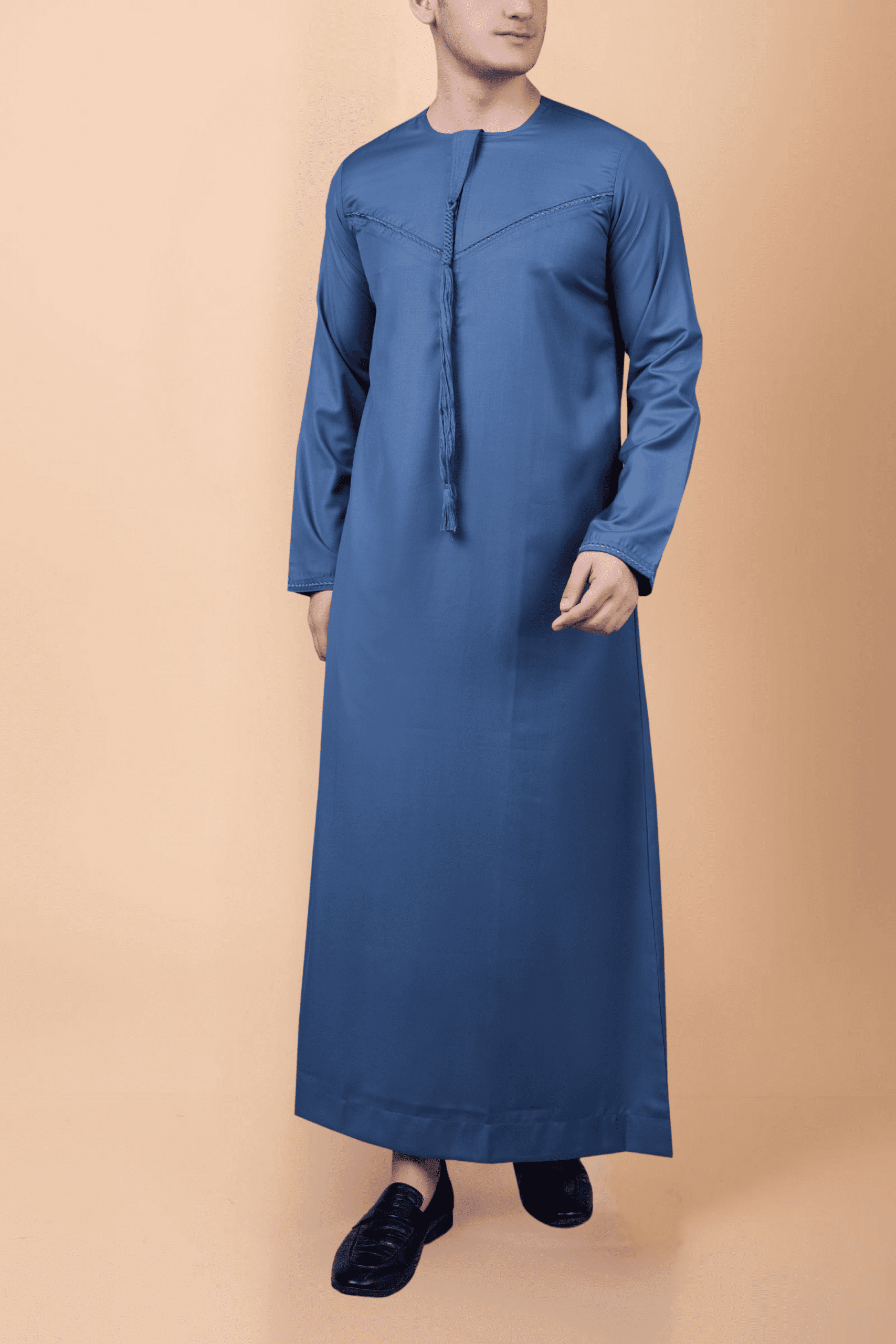 Steel blue Emirati thobe with tassel and subtle blue chest embroidery