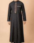 Jet black men’s thobe with gold geometric embroidered placket and band collar trim
