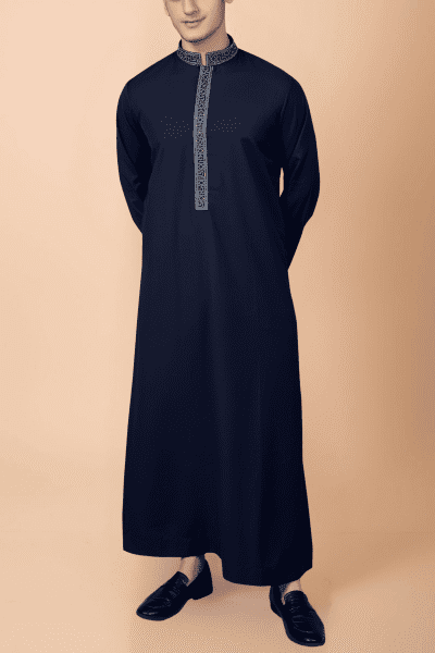 navy blue thobe with silver geometric embroidery strip and collar