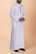 White thobe with beige floral embroidery strip and band collar for men