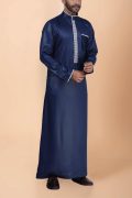 Navy blue thobe with white geometric embroidery strip and band collar for men