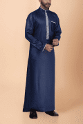 Navy blue thobe with white geometric embroidery strip and band collar for men